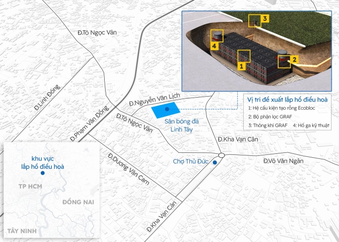 Vị trí đề xuất làm hồ điều tiết ngầm để giảm ngập cho khu vực Thủ Đức. Đồ hoạ:Khánh Hoàng